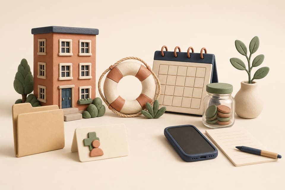 Clay apartment home, rent folder, support lifebuoy, calendar, savings jar, phone and payment-plan note representing a practical rent shortfall plan