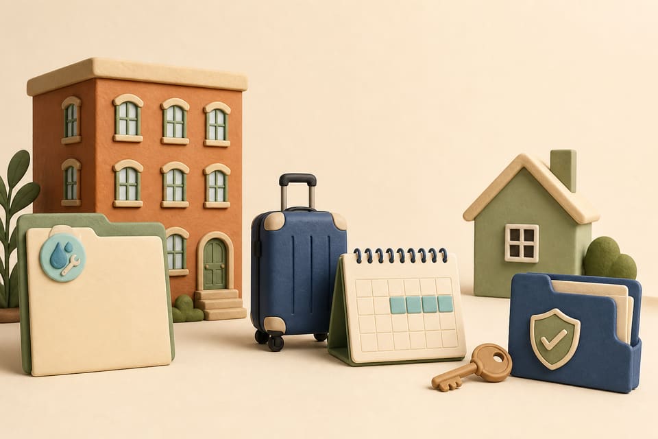 Clay apartment building, water-repair folder, suitcase, short-stay calendar, temporary home, key and protected document folder representing a planned repair relocation