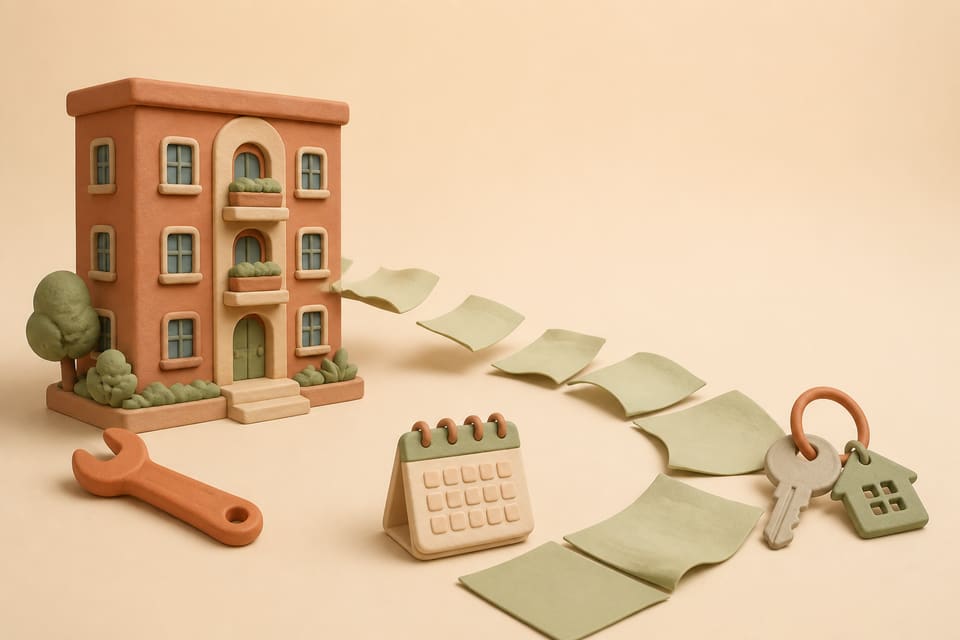 Soft clay illustration of an apartment building, blank paper trail, repair wrench, calendar, and house key on a warm beige background