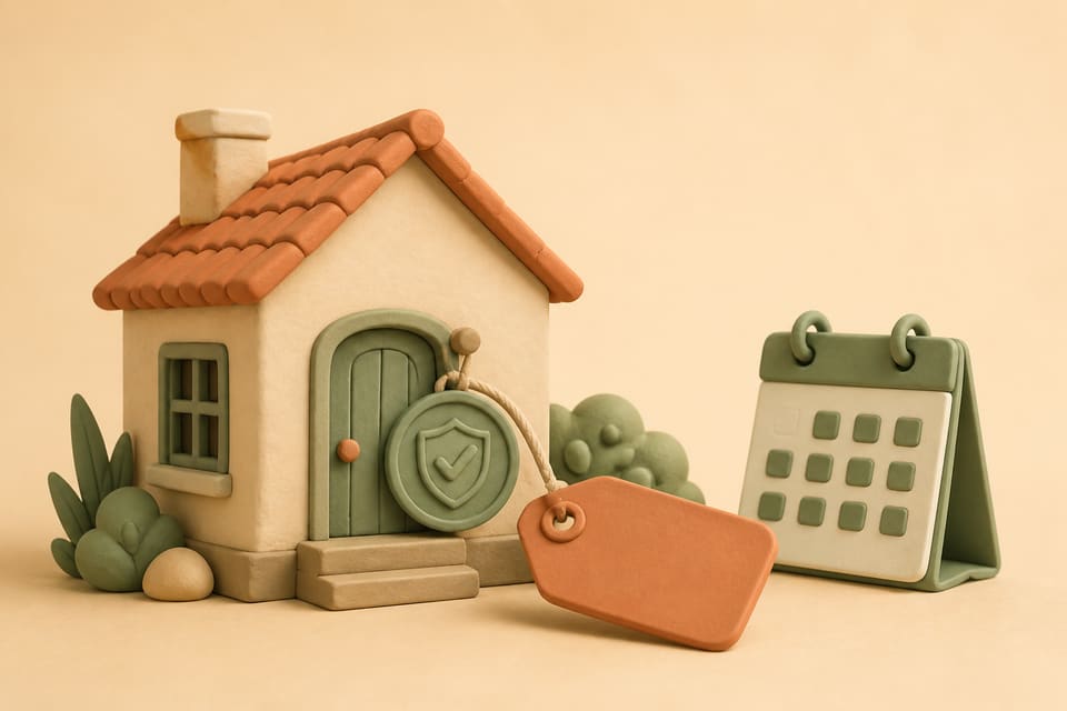 Soft clay illustration of a holiday house with a blank tag, a compliance token, and a calendar on a warm beige background