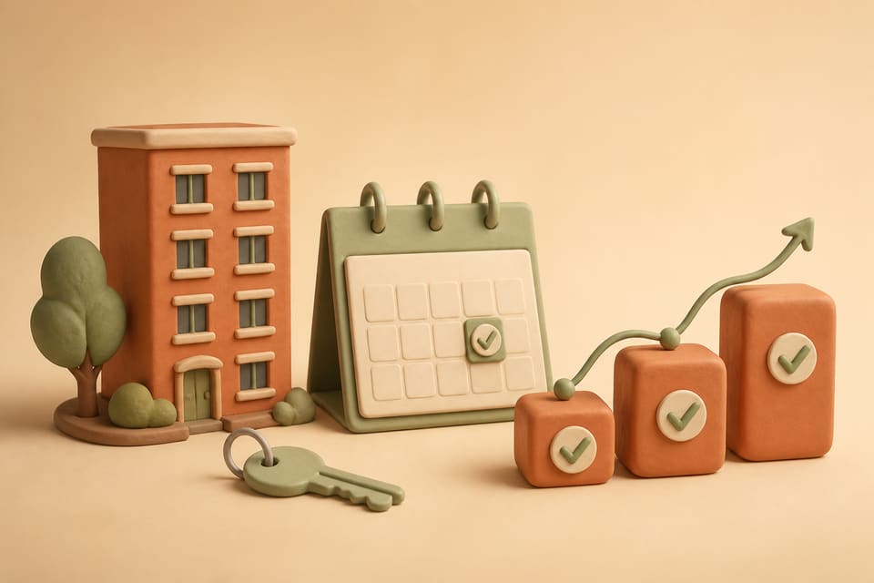 Soft clay illustration of an apartment building, a renewal calendar, a house key, and ascending review blocks on a warm beige background