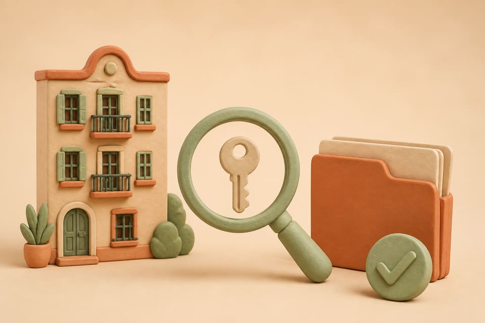 Soft clay illustration of an apartment facade, a magnifying glass inspecting a house key, an unmarked contract folder, and an approval token