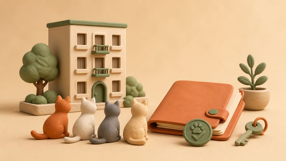 Soft clay illustration of four cats near an apartment building, a blank agreement folder, pet-approval token, and house key