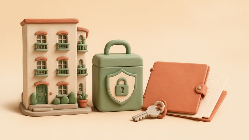Soft clay illustration of an apartment building, a shielded rental-deposit lockbox, a blank sublet contract folder, and a house key