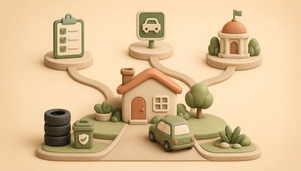 Soft clay illustration of a home, a clear driveway, a checklist, a parking sign, a municipal building, tires, and a tidy bin connected by reporting paths