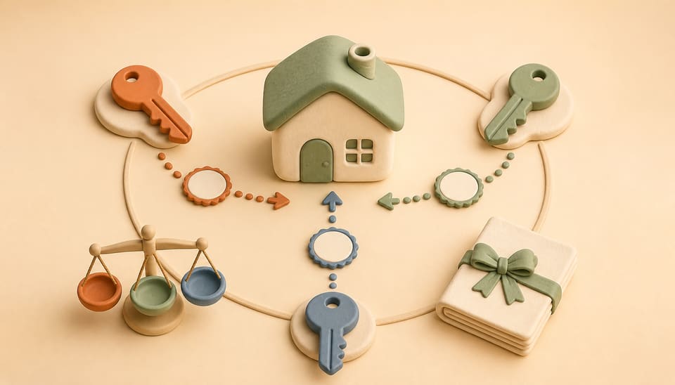 Soft clay illustration of a house surrounded by three keys, a three-bowl balance scale, and a tied blank agreement