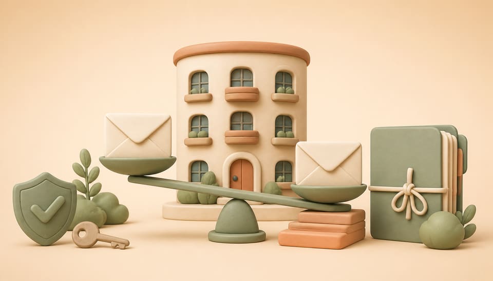 Soft clay illustration of an apartment building, two blank offer envelopes on a scale, a shield, a key, and a tied document folder