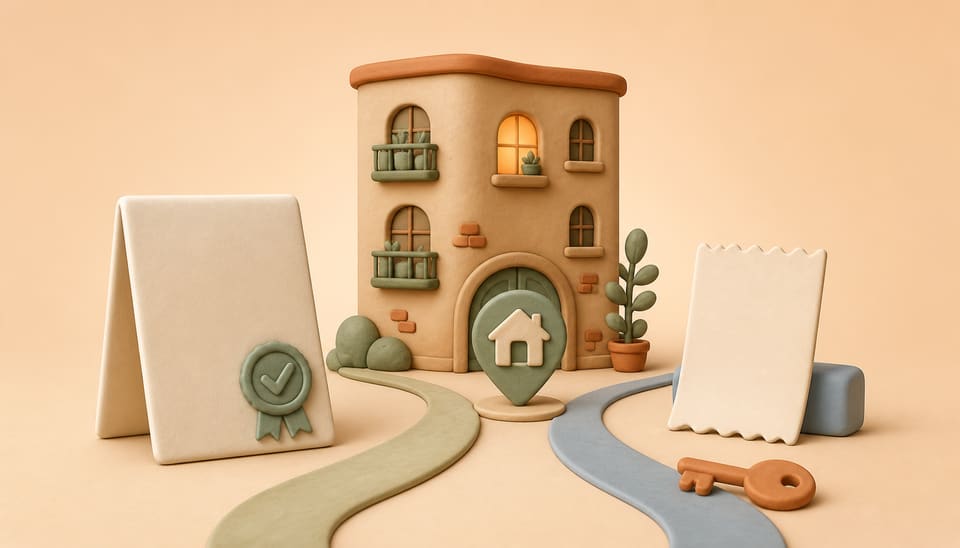 Soft clay illustration of an apartment building, a home location marker, a sealed blank authorisation sheet, a key, and a blank receipt connected by two paths