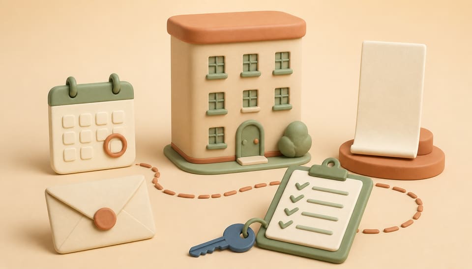 Soft clay illustration of an apartment building, a date-marked calendar, a sealed envelope, a blank invoice page, a checklist, and a house key