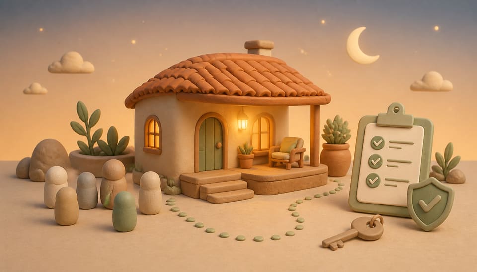 Soft clay illustration of a warmly lit holiday home at night, neutral visitor tokens outdoors, a rules checklist, a shield, and a house key