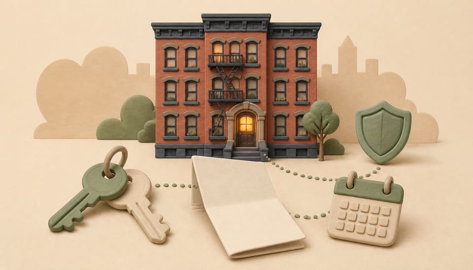 Soft clay illustration of a brick apartment building, two house keys, a blank notice, a calendar, and a shield