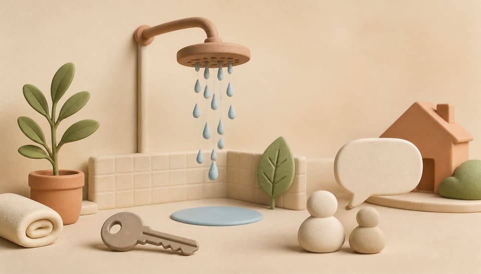 Soft clay illustration of a showerhead, water droplets, a conservation leaf, an apartment key, a speech bubble, and a house
