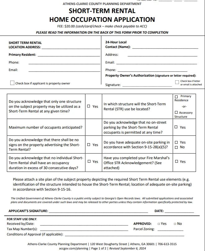 Athens-Clarke County short-term-rental online application form