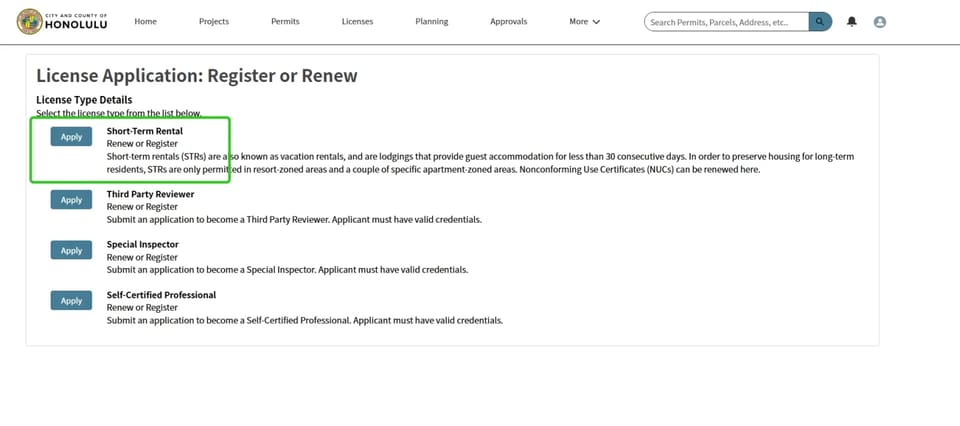 Honolulu license portal short-term-rental selection