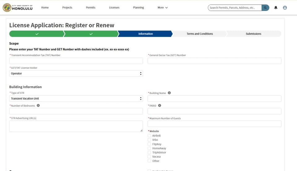 Honolulu short-term-rental tax and building-information fields