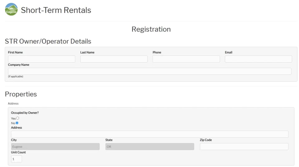 Eugene short-term-rental registration owner and property fields