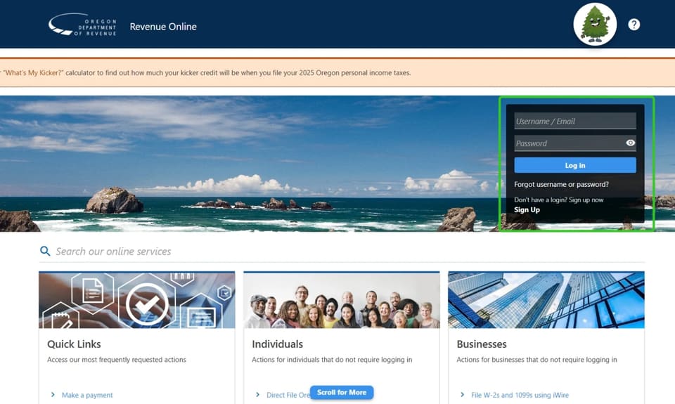 Oregon Revenue Online sign-in page