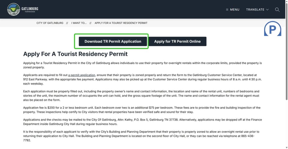 Gatlinburg tourist-residency permit application download