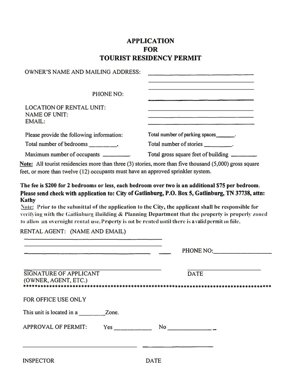 Gatlinburg tourist-residency permit application form
