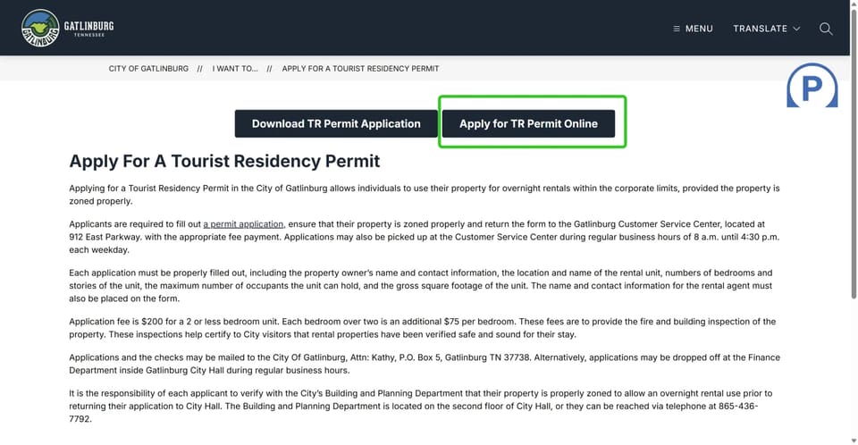 Gatlinburg online tourist-residency permit application link