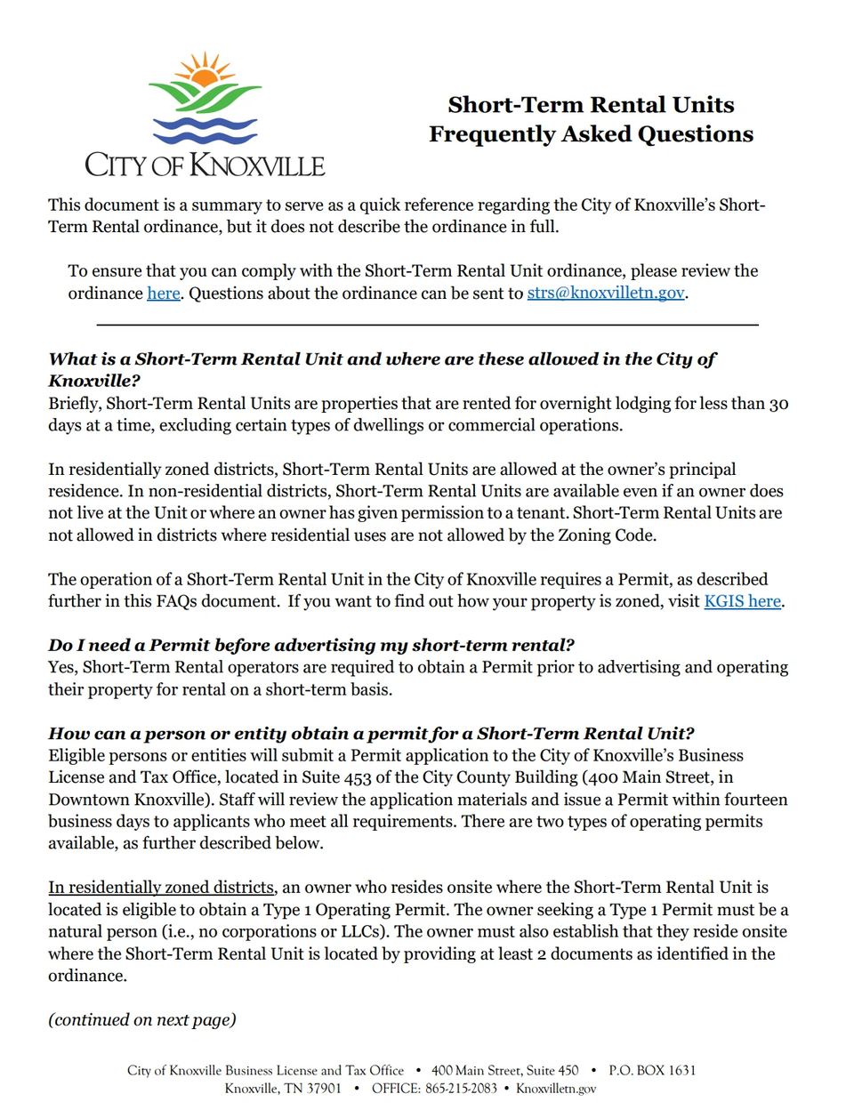Knoxville short-term-rental permit frequently asked questions