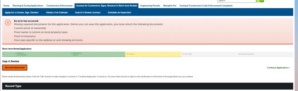 Memphis short-term-rental application review screen listing missing documents