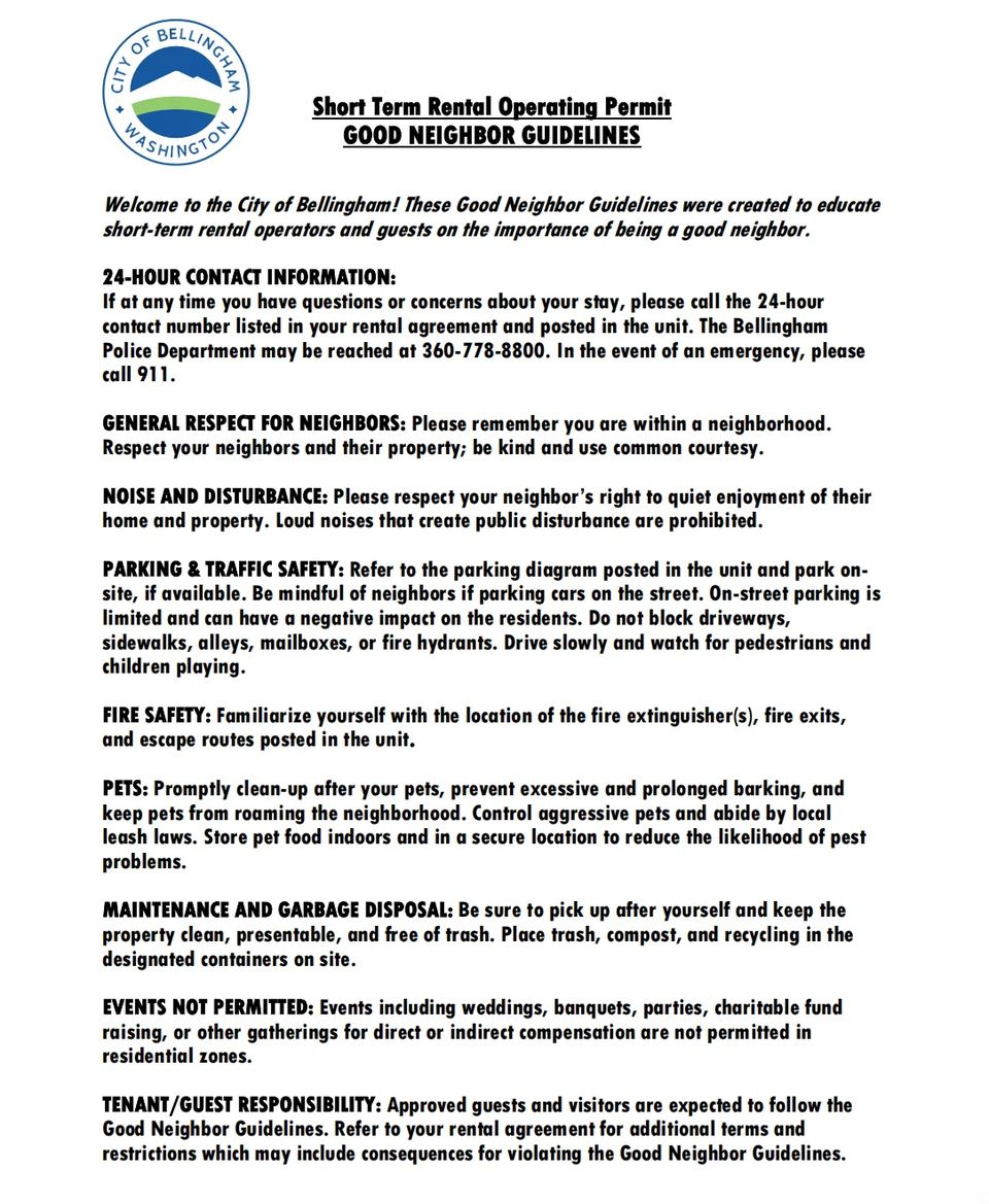 Bellingham short-term-rental good-neighbor guidelines