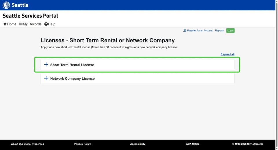 Seattle Services Portal short-term-rental license selection