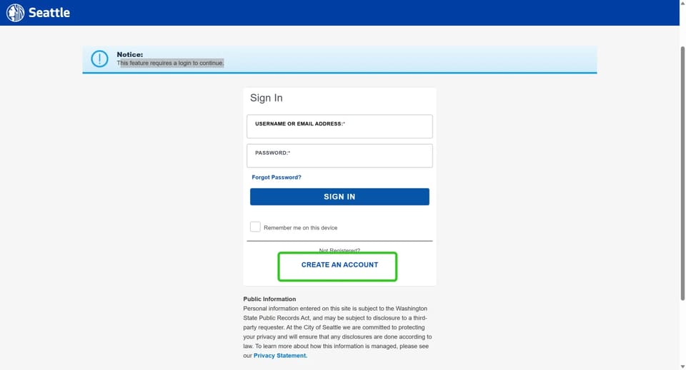 Seattle Services Portal create-account form