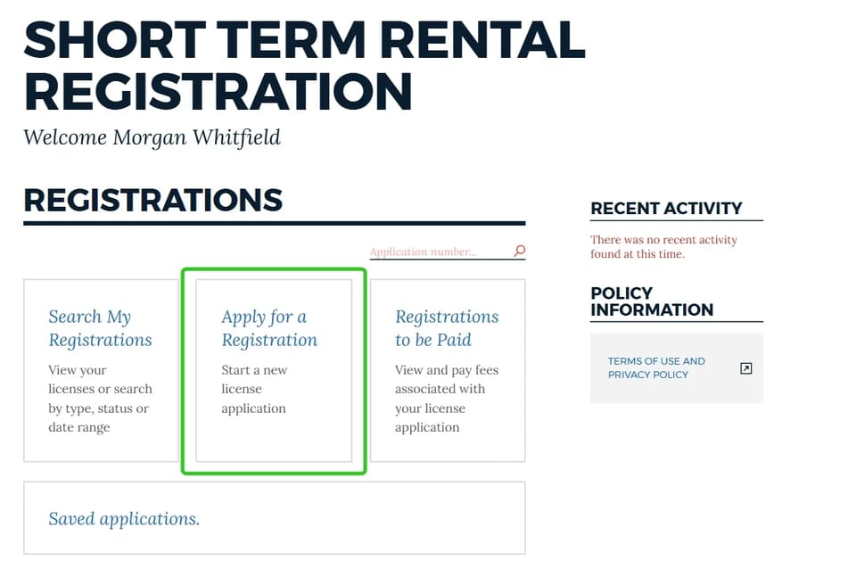 Boston short-term-rental registration portal start screen