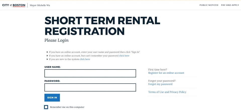 Boston short-term-rental registration portal login