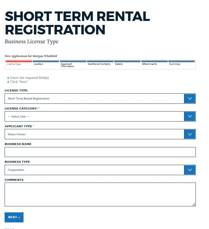 Boston short-term-rental registration license-type form