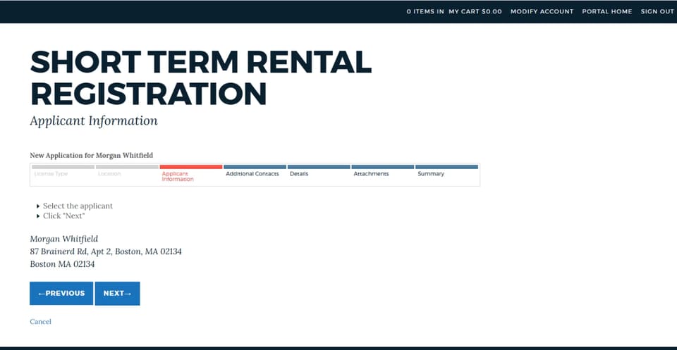 Boston short-term-rental applicant-information screen with example data