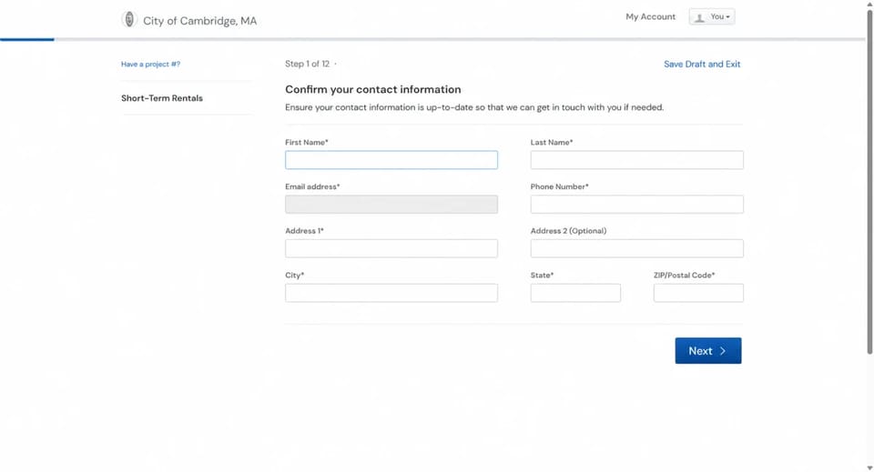 Cambridge short-term-rental contact-information form with test email removed