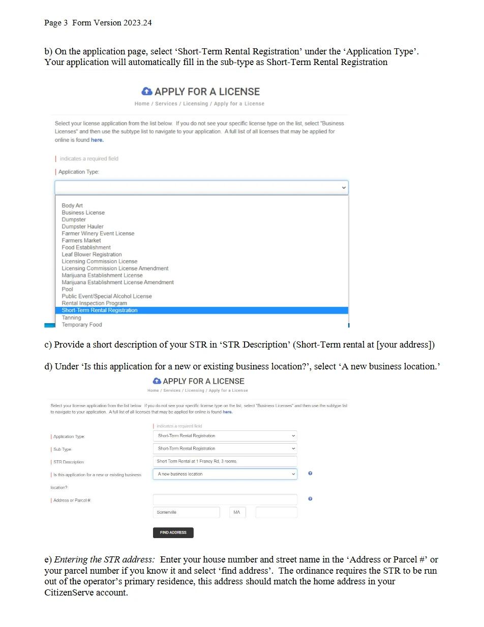 Somerville CitizenServe short-term-rental application selection