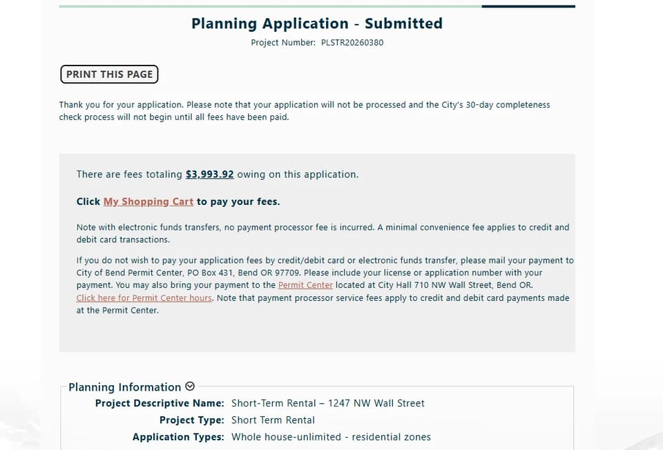 Bend planning application submitted confirmation