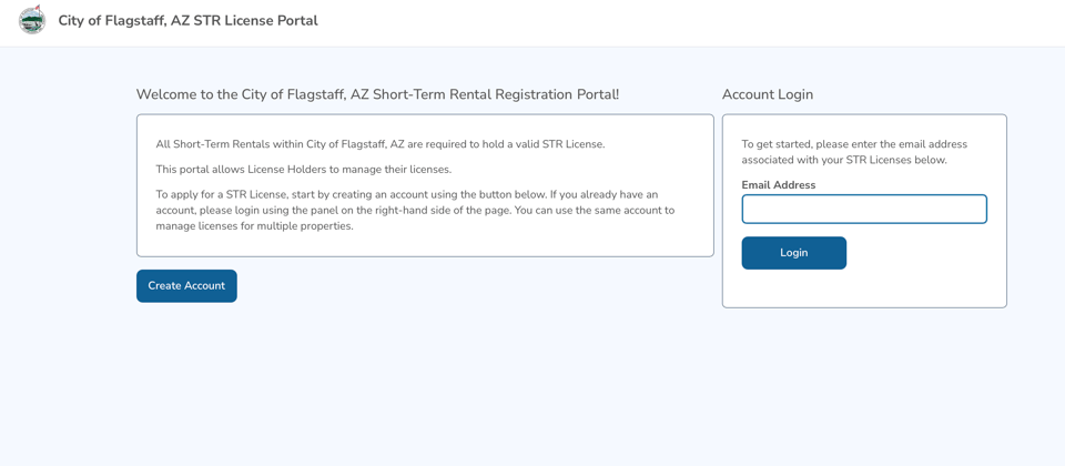 Flagstaff short-term rental license portal with account creation and sign-in options