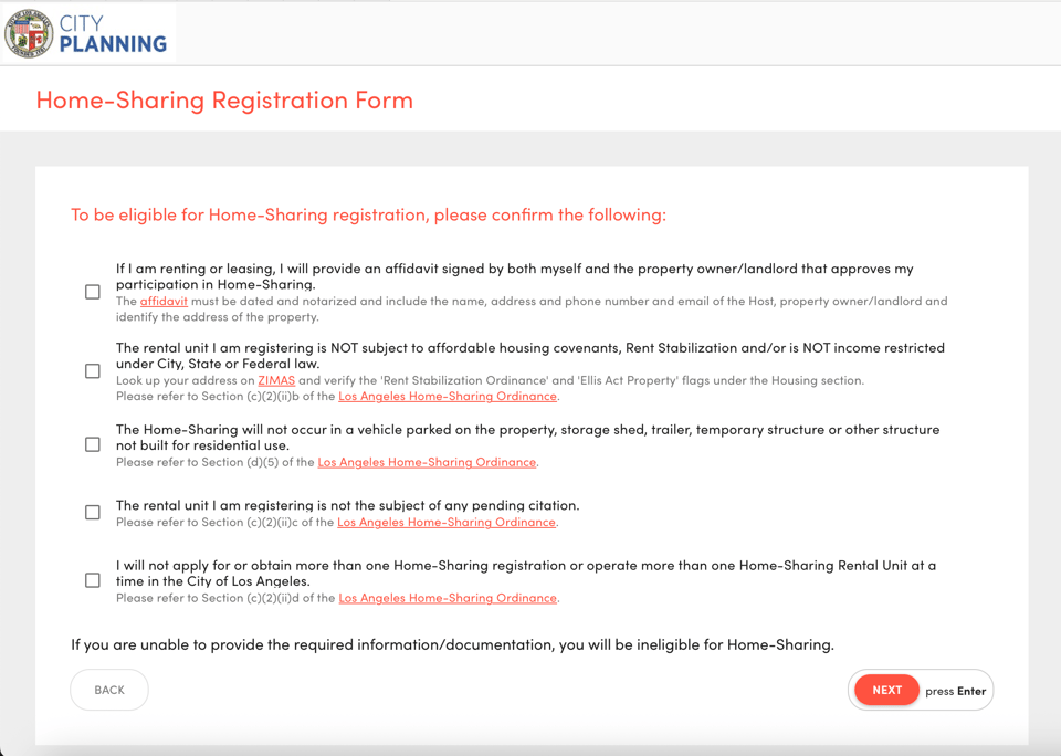 Los Angeles Home-Sharing registration eligibility checklist covering landlord approval, housing restrictions, residential use, and citations