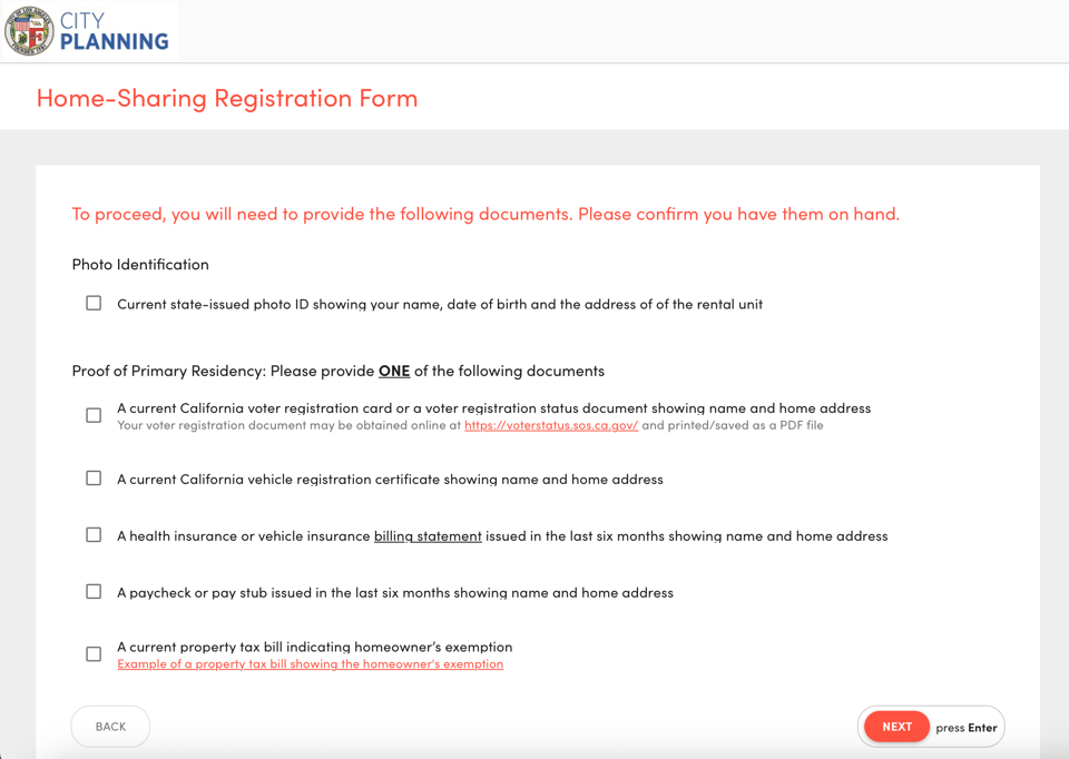 Los Angeles Home-Sharing registration document checklist for photo identification and proof of primary residence