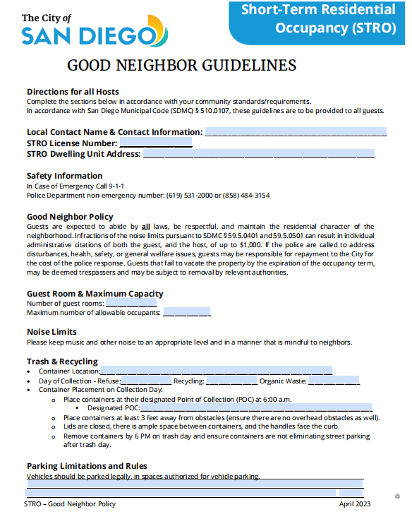 City of San Diego Good Neighbor Policy notice with noise, occupancy, trash, and parking rules