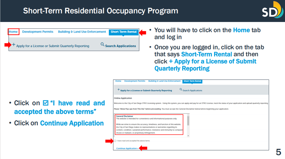 City of San Diego STRO license application page with license type and applicant fields