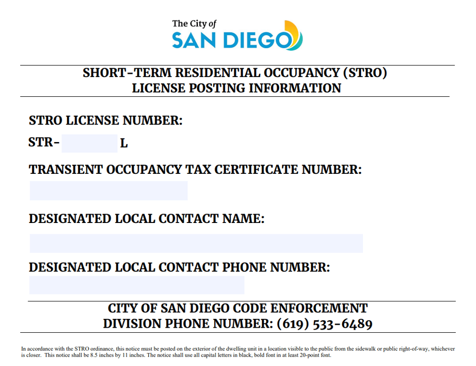 City of San Diego STRO license placard showing the license number, tier, occupancy, and local contact details
