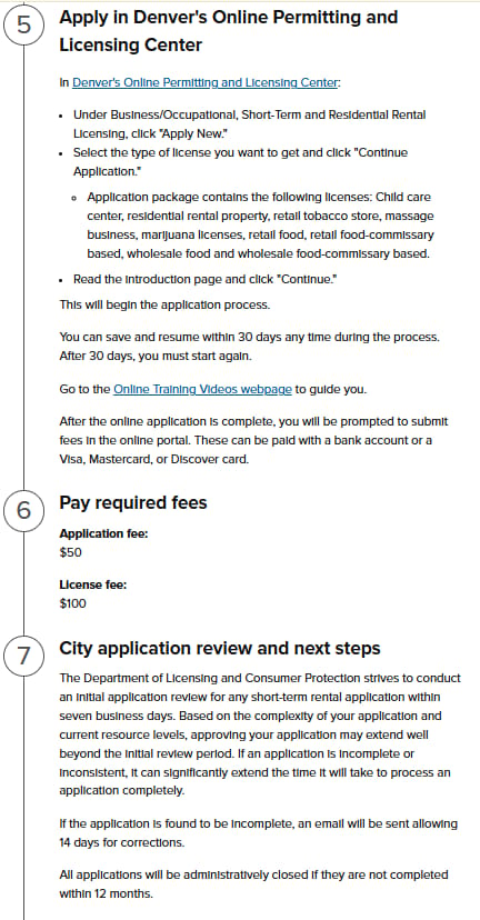 Denver short-term rental licensing guide showing online application, fee payment, and review steps