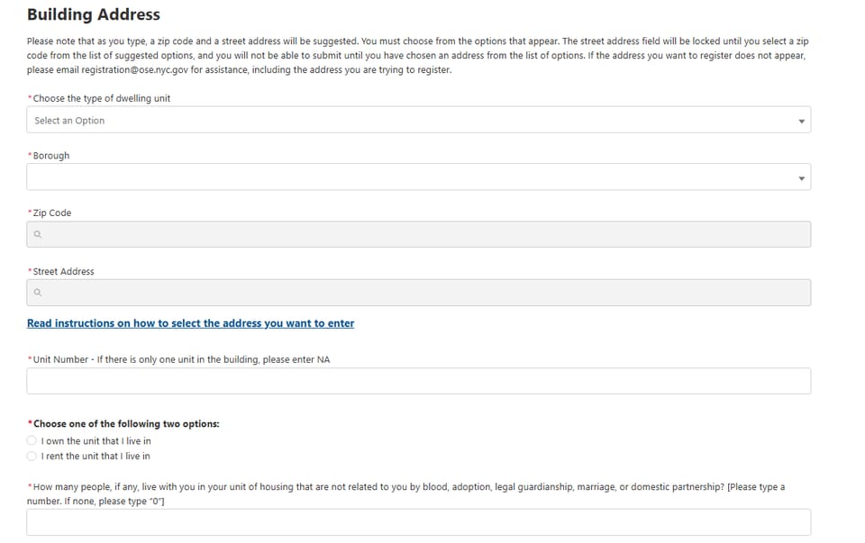 New York City OSE registration form with building address, borough, and unit fields