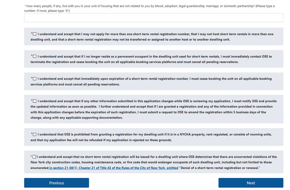 New York City OSE short-term rental registration certifications and acknowledgements