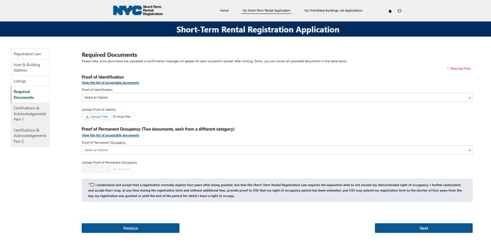 New York City OSE registration form for uploading identity and permanent-occupancy documents