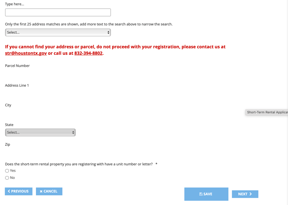Houston short-term rental portal property-address search and address-entry form