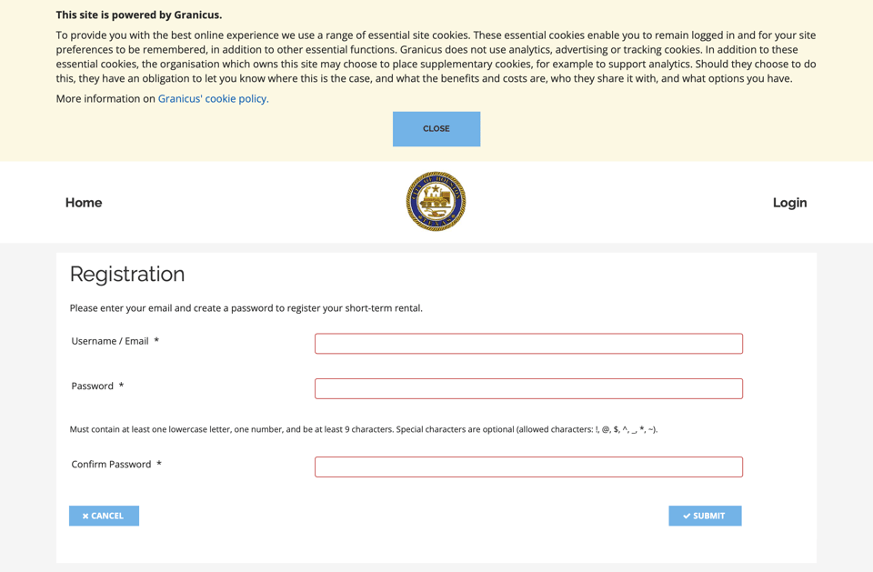 Houston short-term rental portal account registration form with name, email, and password fields