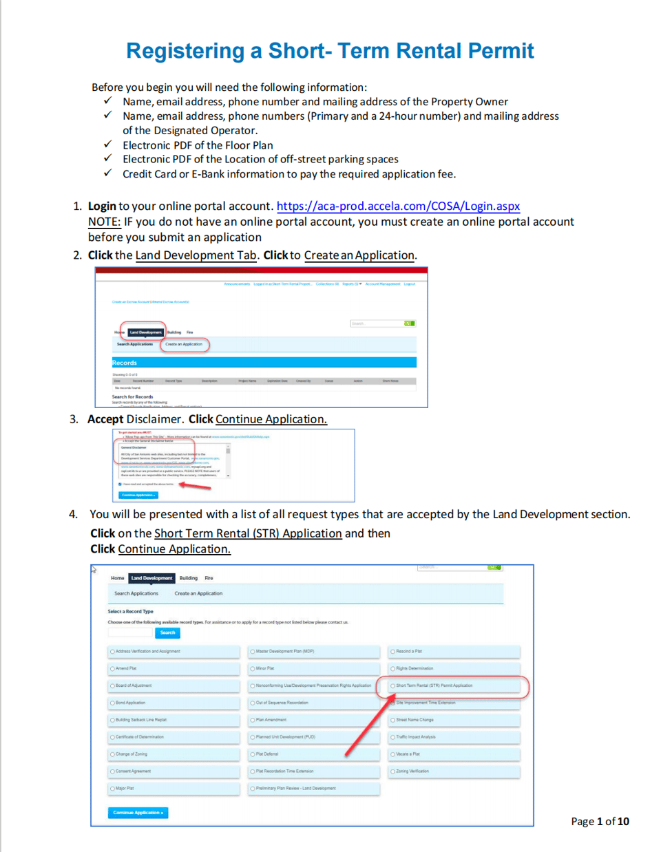 City of San Antonio BuildSA guide showing where to start a short-term rental permit application