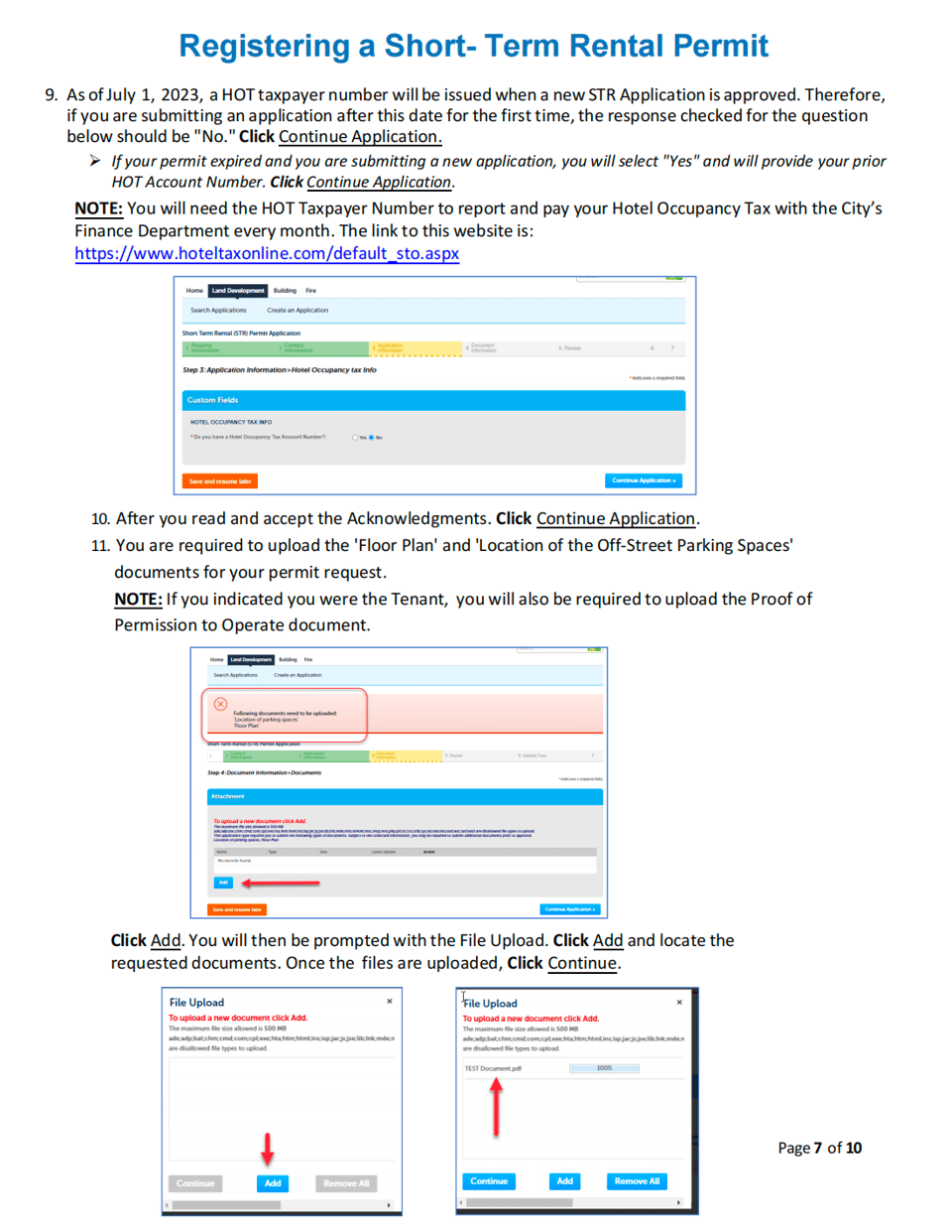 City of San Antonio BuildSA guide showing hotel-occupancy-tax acknowledgement and document uploads